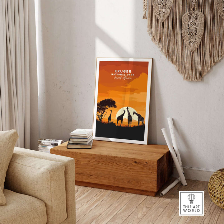 Kruger Giraffe Art Print featuring giraffes against a vibrant sunset, perfect for African safari decor.