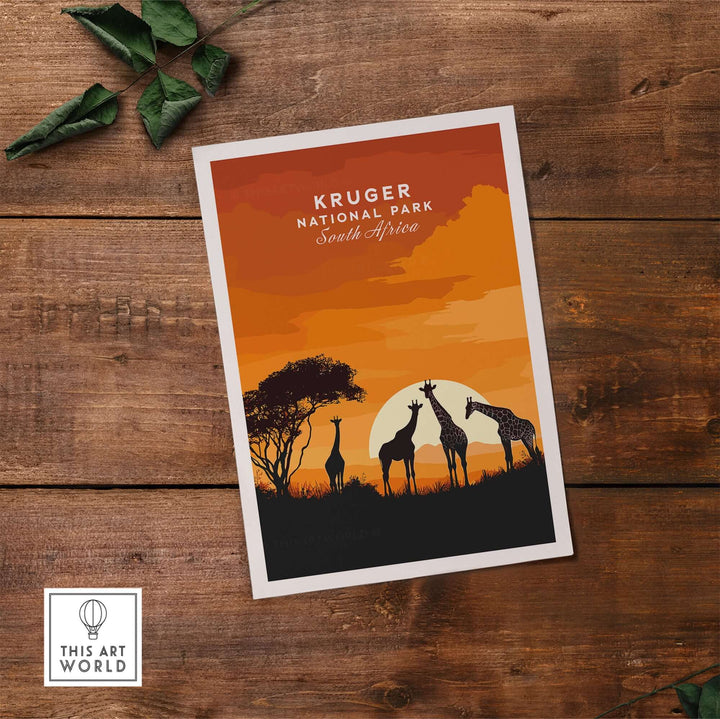 Kruger National Park art print featuring silhouetted giraffes against a sunset sky, showcasing South Africa's beauty.