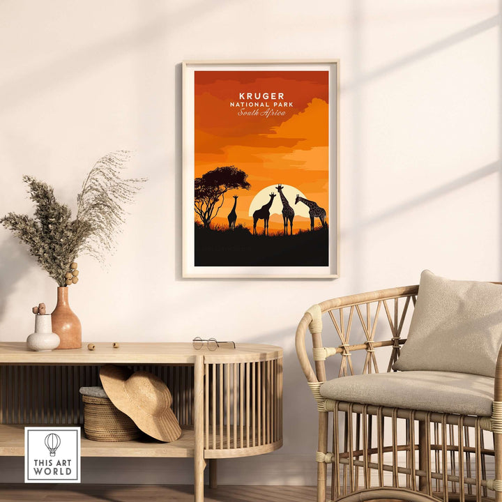 Kruger Giraffe Art Print showcasing silhouette giraffes against a vibrant South Africa sunset.