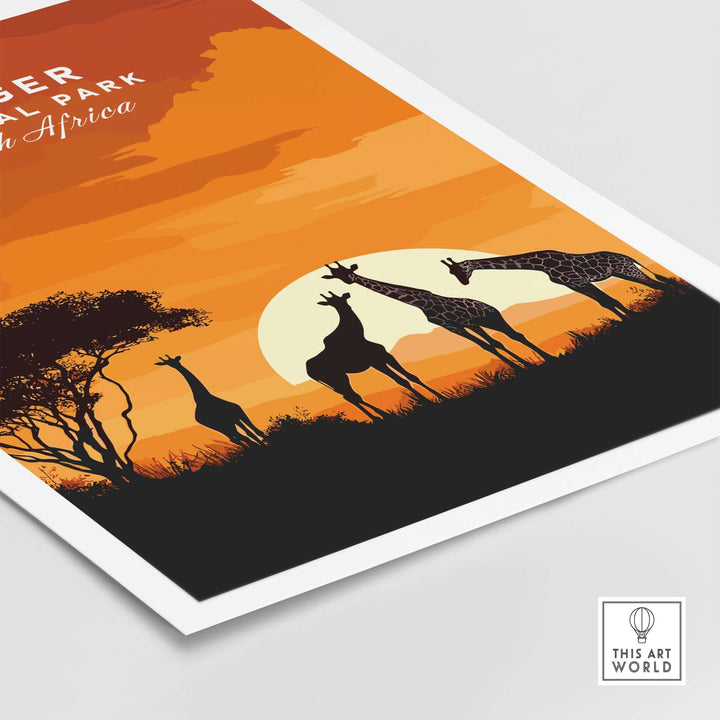 Kruger Giraffe Art Print showcasing silhouettes of giraffes at sunset in South Africa, vibrant colors, museum-quality design.