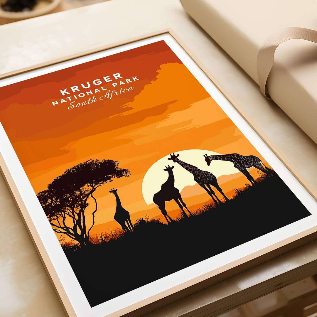 Kruger Giraffe Art Print featuring silhouettes of giraffes at sunset, showcasing South Africa's scenic beauty.