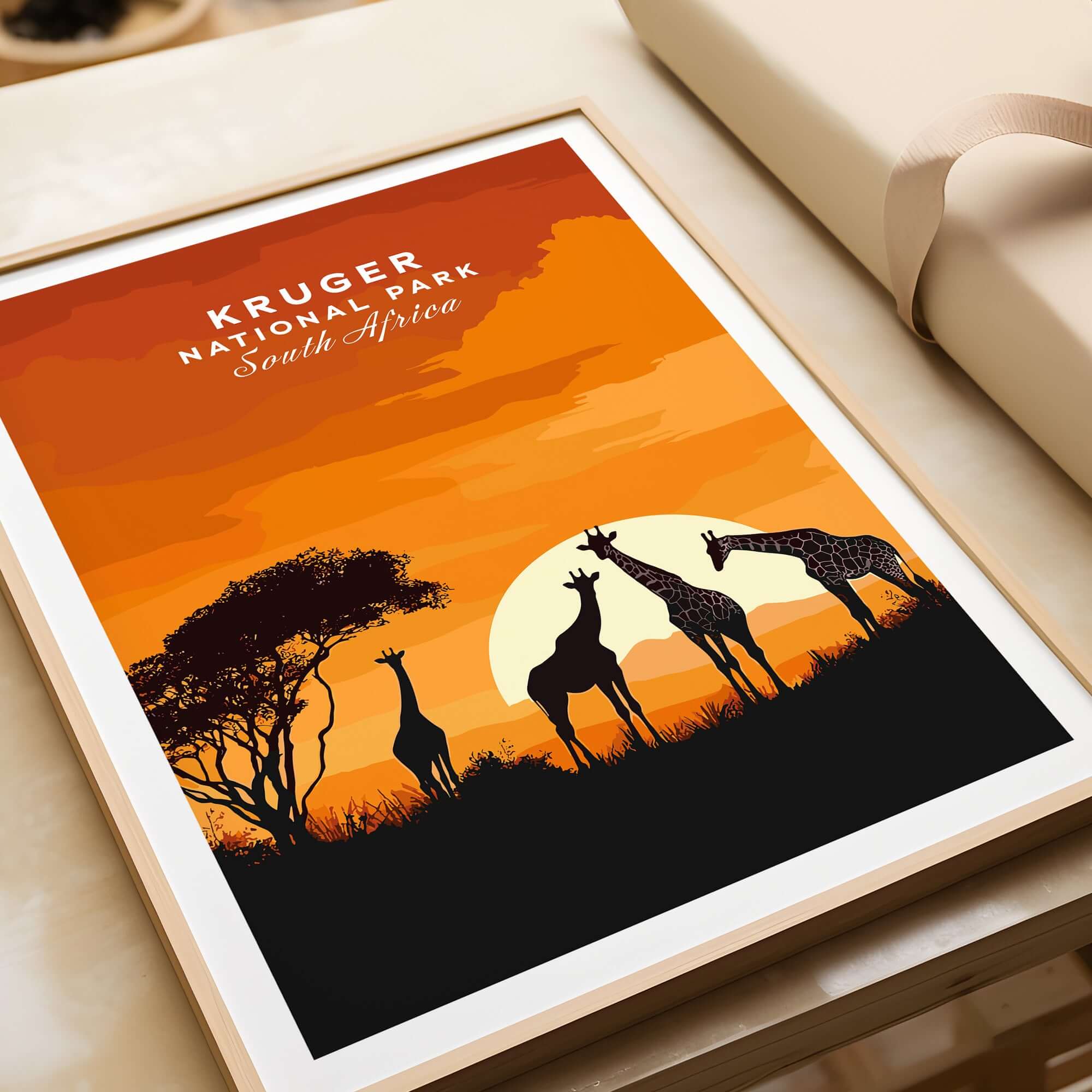 Kruger Giraffe Art Print - South Africa Sunset Safari Poster featuring silhouettes of giraffes against a vibrant sunset.