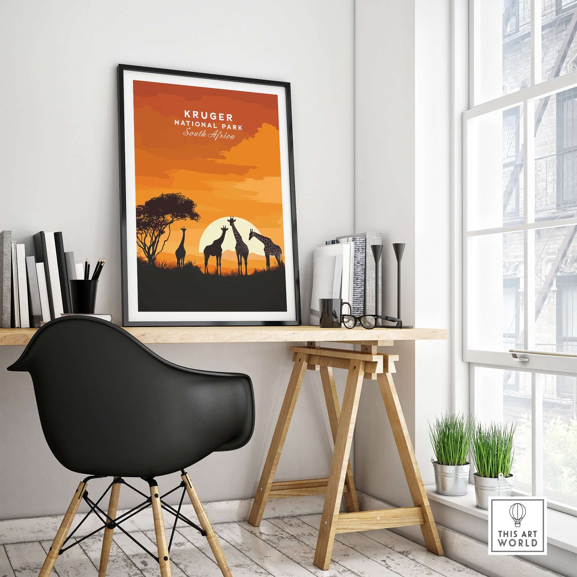 Kruger Giraffe Art Print - South Africa Sunset Safari Poster displayed in a modern home office setting with vibrant colors.