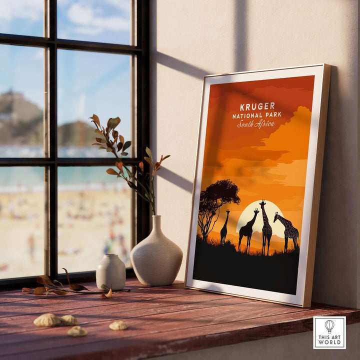 Kruger National Park art print featuring giraffes silhouette against a vibrant South Africa sunset.