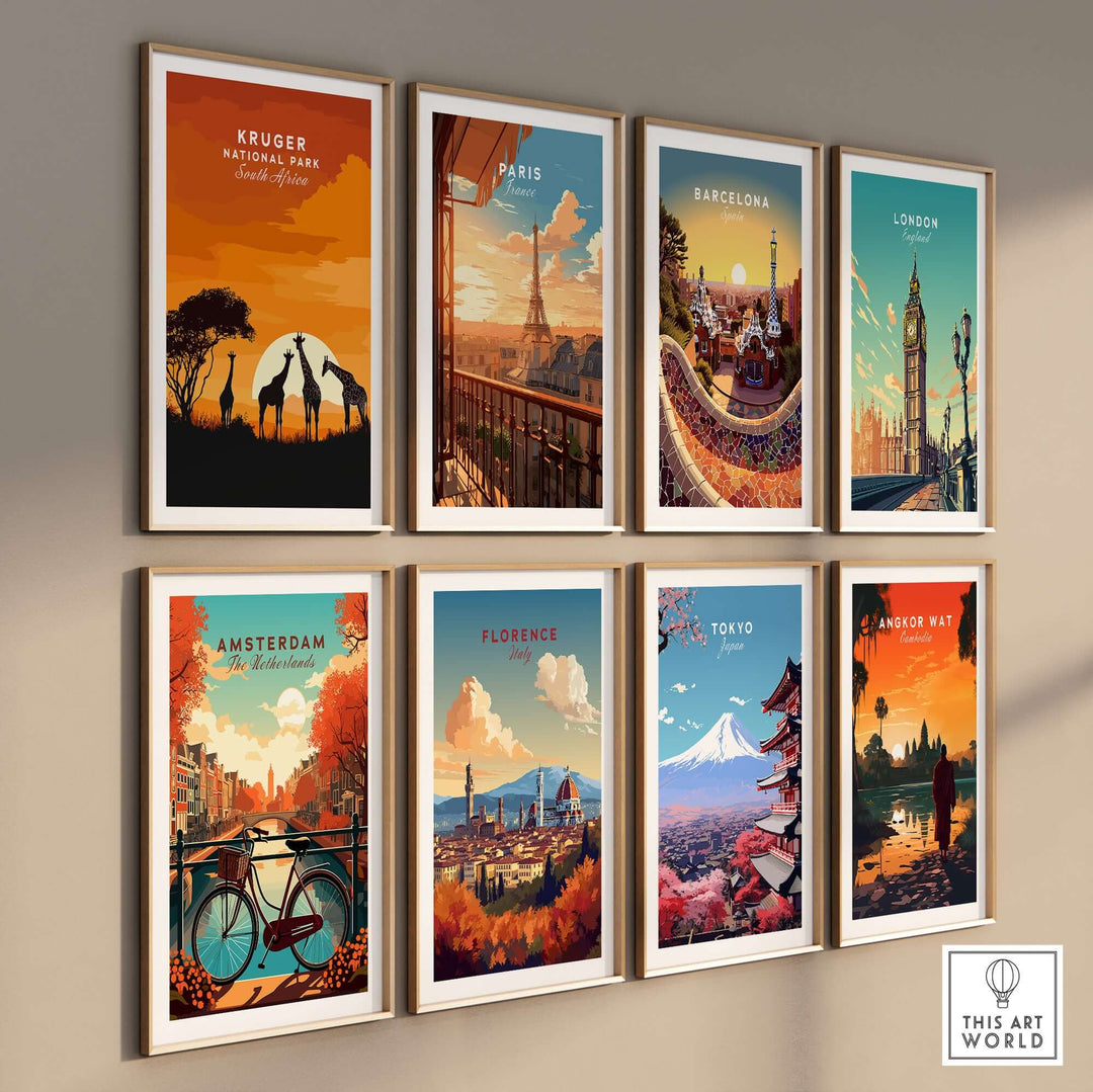 Collection of travel art prints featuring iconic cities: Kruger, Paris, Barcelona, London, Amsterdam, Florence, Tokyo, Angkor Wat.