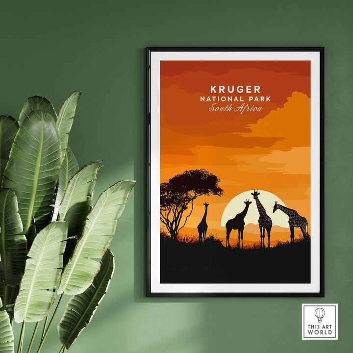 Kruger Giraffe Art Print featuring silhouettes of giraffes against a vibrant South African sunset.