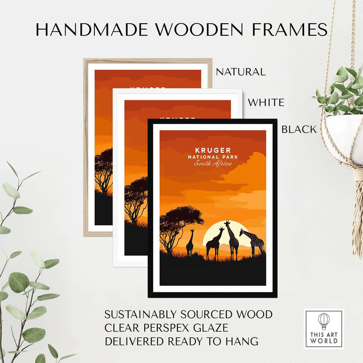 Handmade wooden frames for Kruger National Park art print in natural, white, and black options, ready to hang.