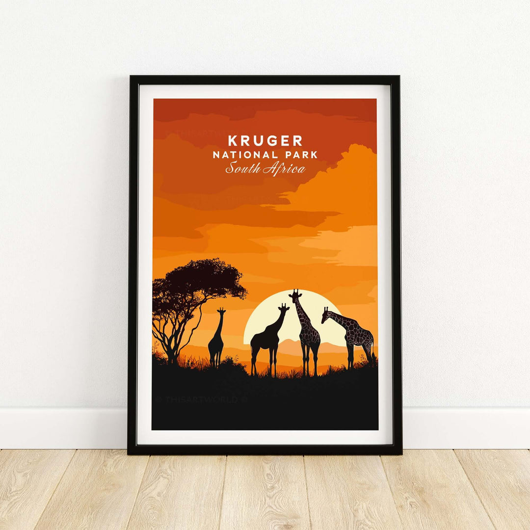 Kruger Giraffe Art Print featuring silhouettes of giraffes at sunset in South Africa, ideal for safari-themed decor.