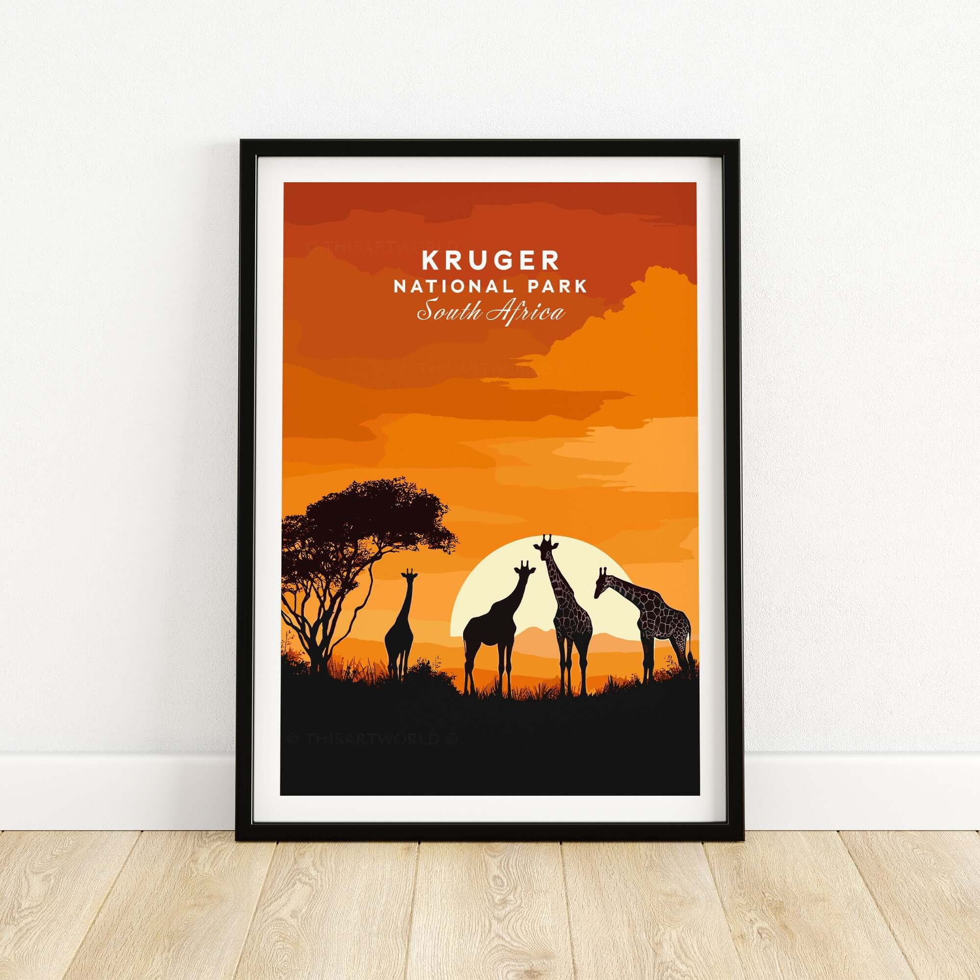 Kruger Giraffe Art Print - South Africa Sunset Safari Poster featuring silhouettes of giraffes against a vibrant sunset.