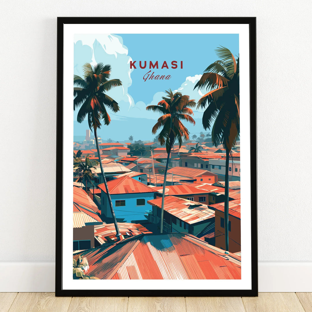 Kumasi Ghana Rooftops Travel Poster — art print in black frame on wooden floor