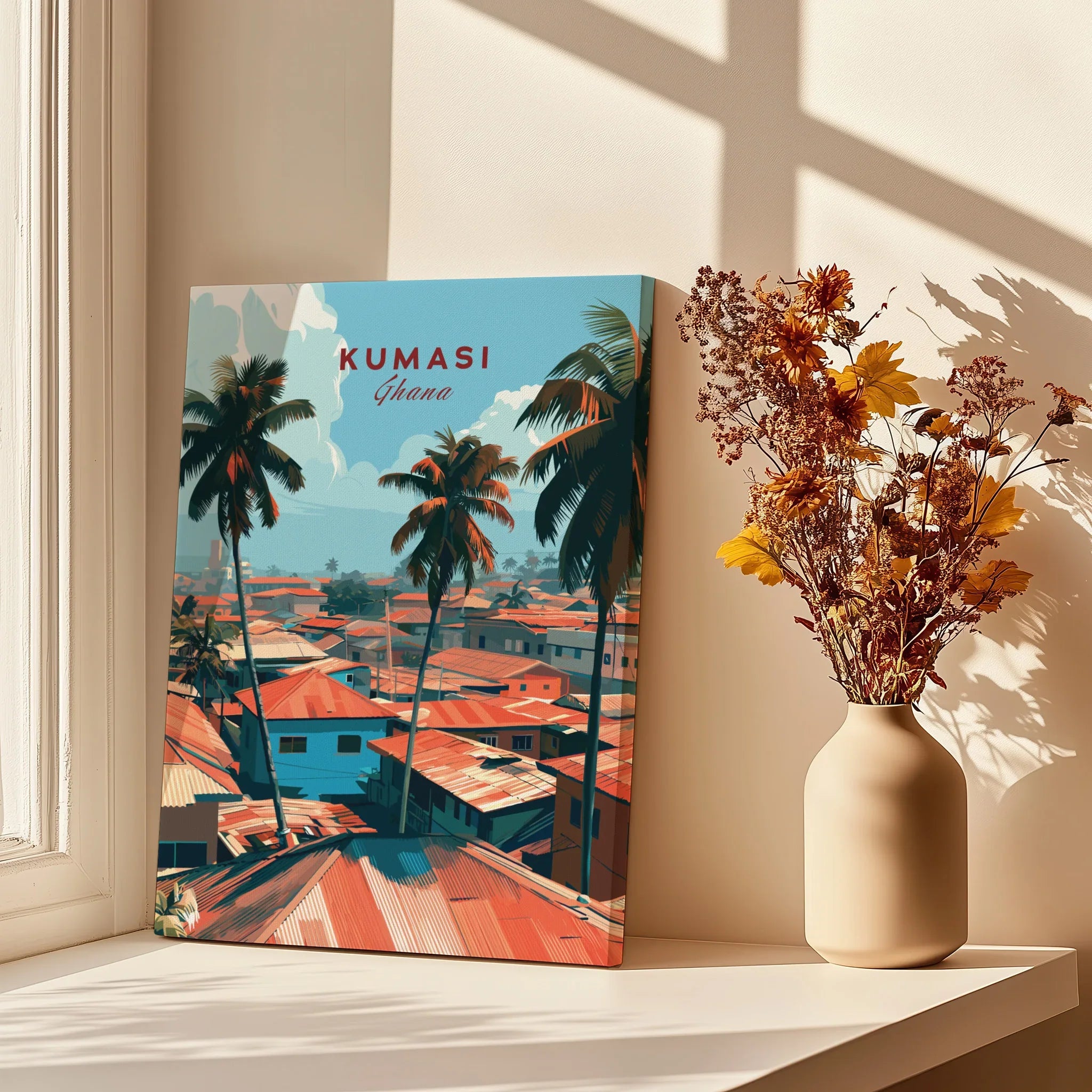 Kumasi Ghana Rooftops Travel Poster — canvas print window setting with shadows flowers
