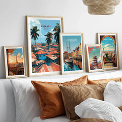 Kumasi Ghana Rooftops Travel Poster — set five framed artprints above bed natural wood frames