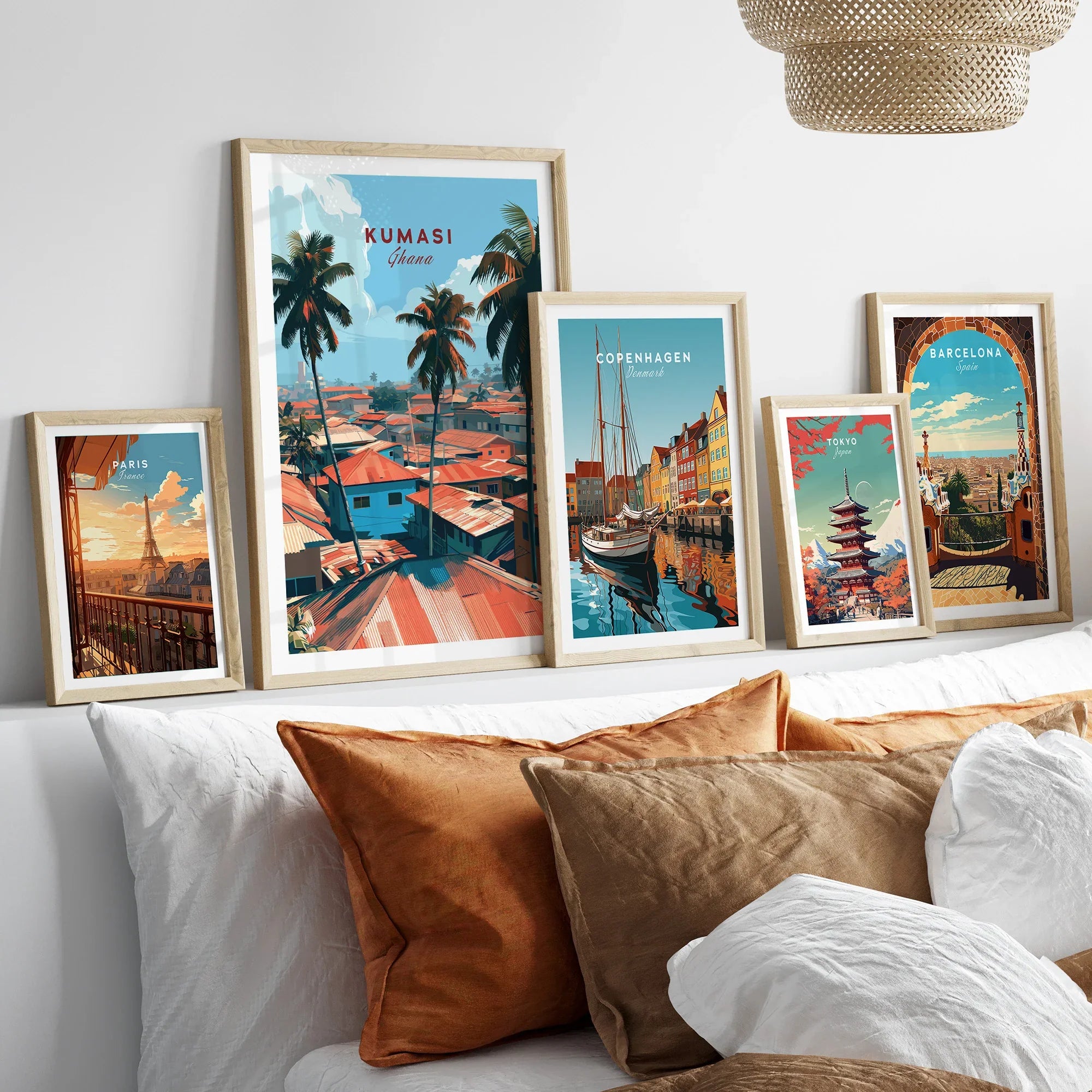 Kumasi Ghana Rooftops Travel Poster — set five framed artprints above bed natural wood frames