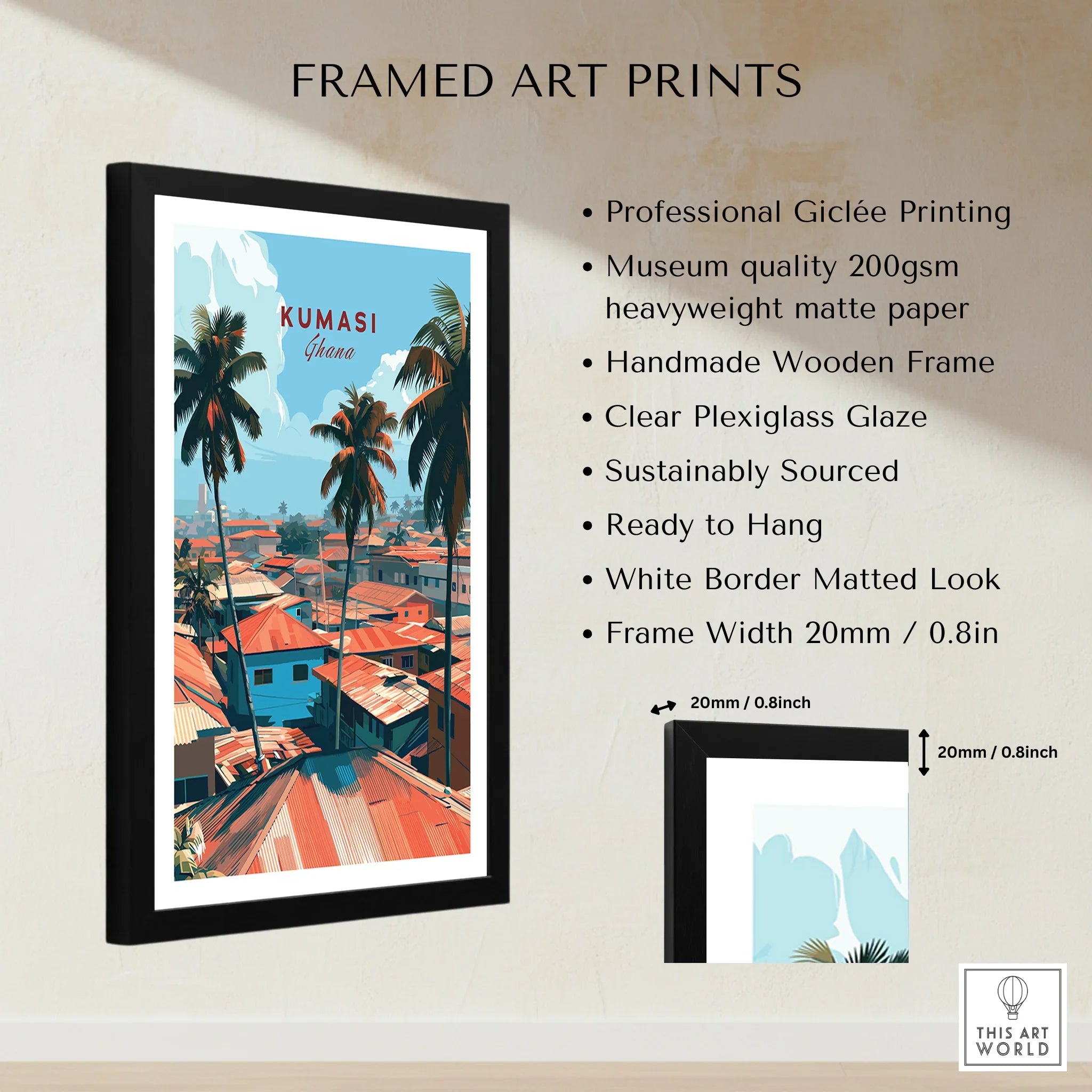 Kumasi Ghana Rooftops Travel Poster — framed print details measurements quality details