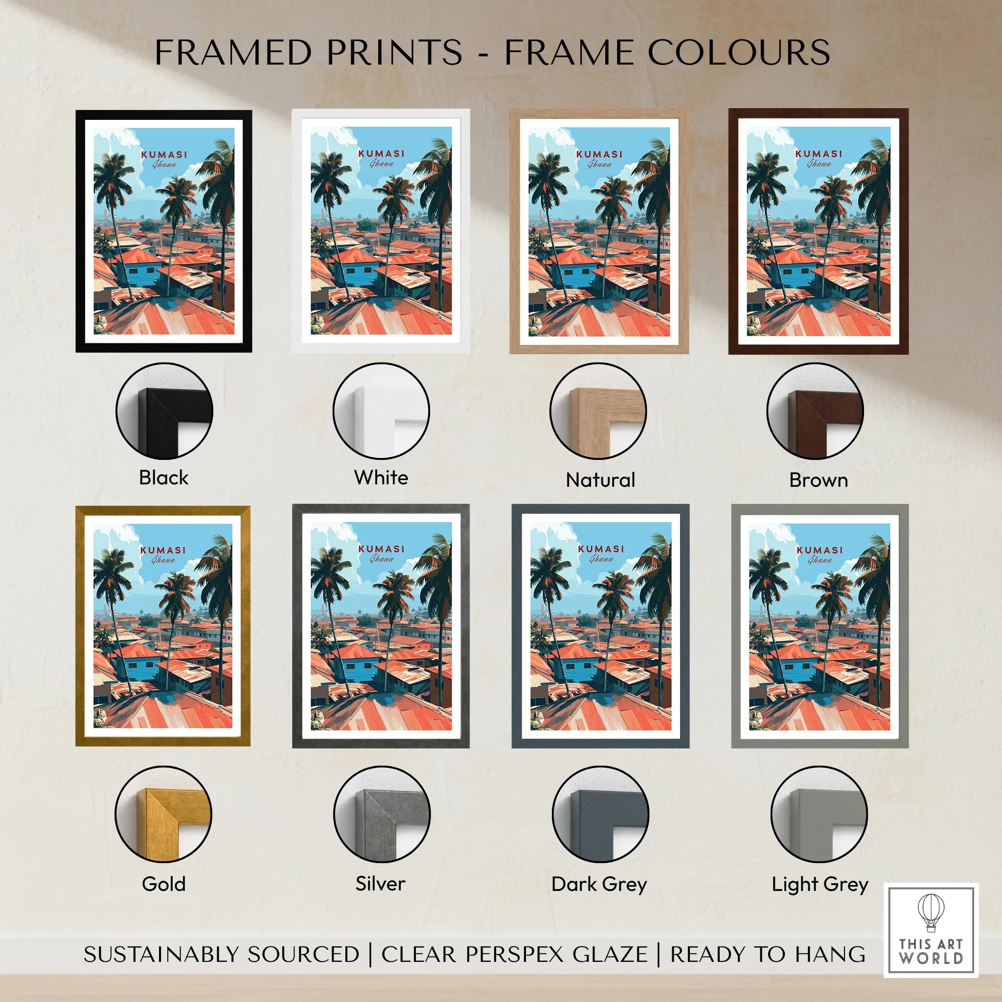 Kumasi Ghana Rooftops Travel Poster — framed print colour options