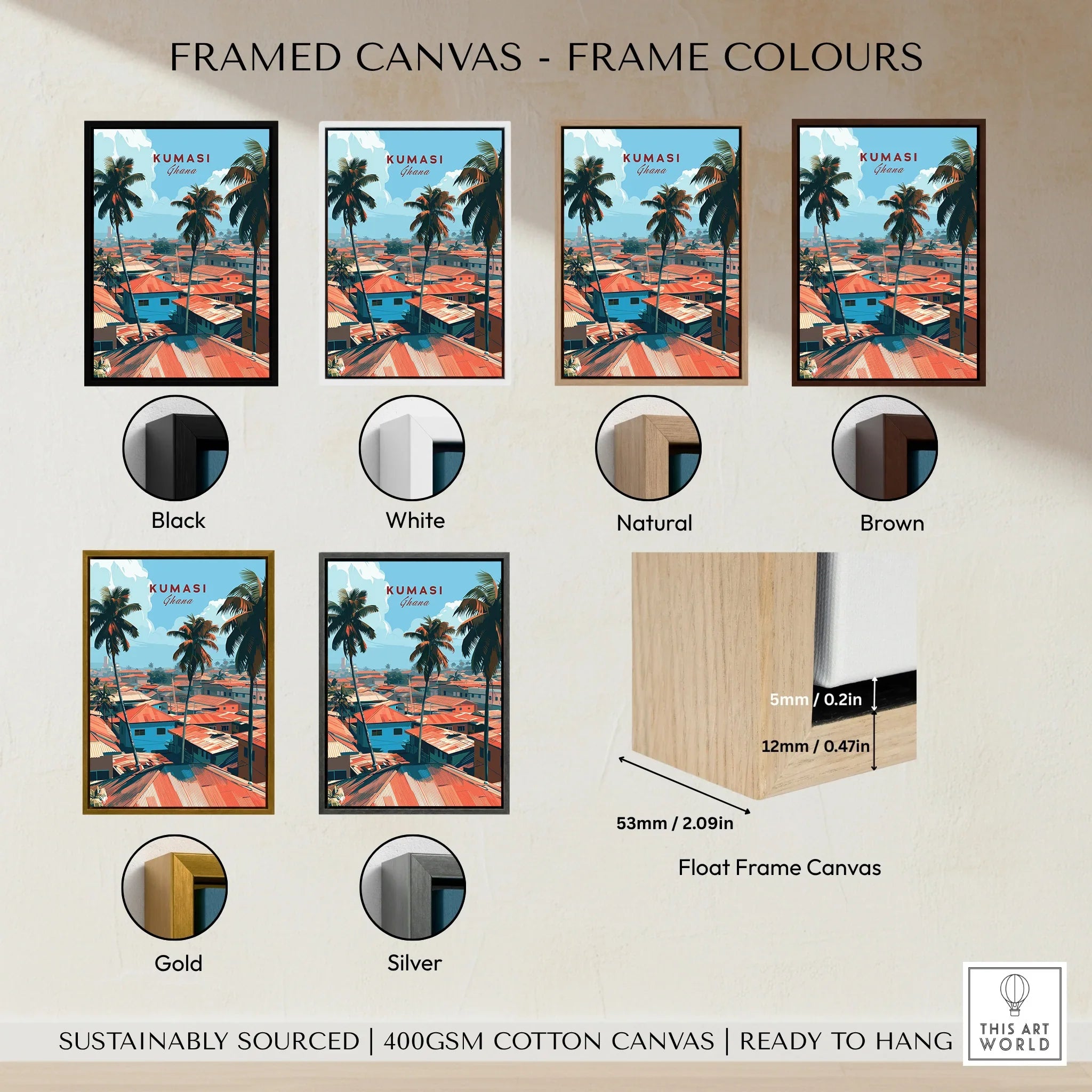 Kumasi Ghana Rooftops Travel Poster — framed canvas float frame colour options