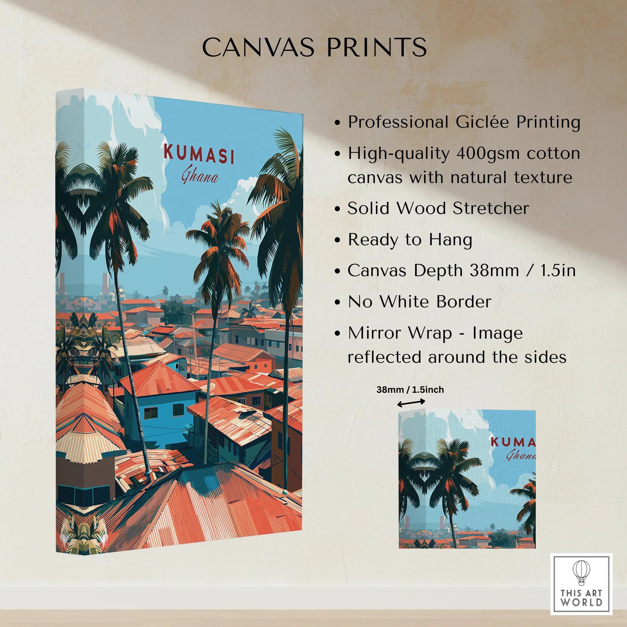 Kumasi Ghana Rooftops Travel Poster — canvas print stretched cotton canvas details