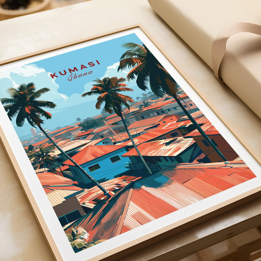 Kumasi Ghana Rooftops Travel Poster — framed art print closeup gift unwrapped natural frame