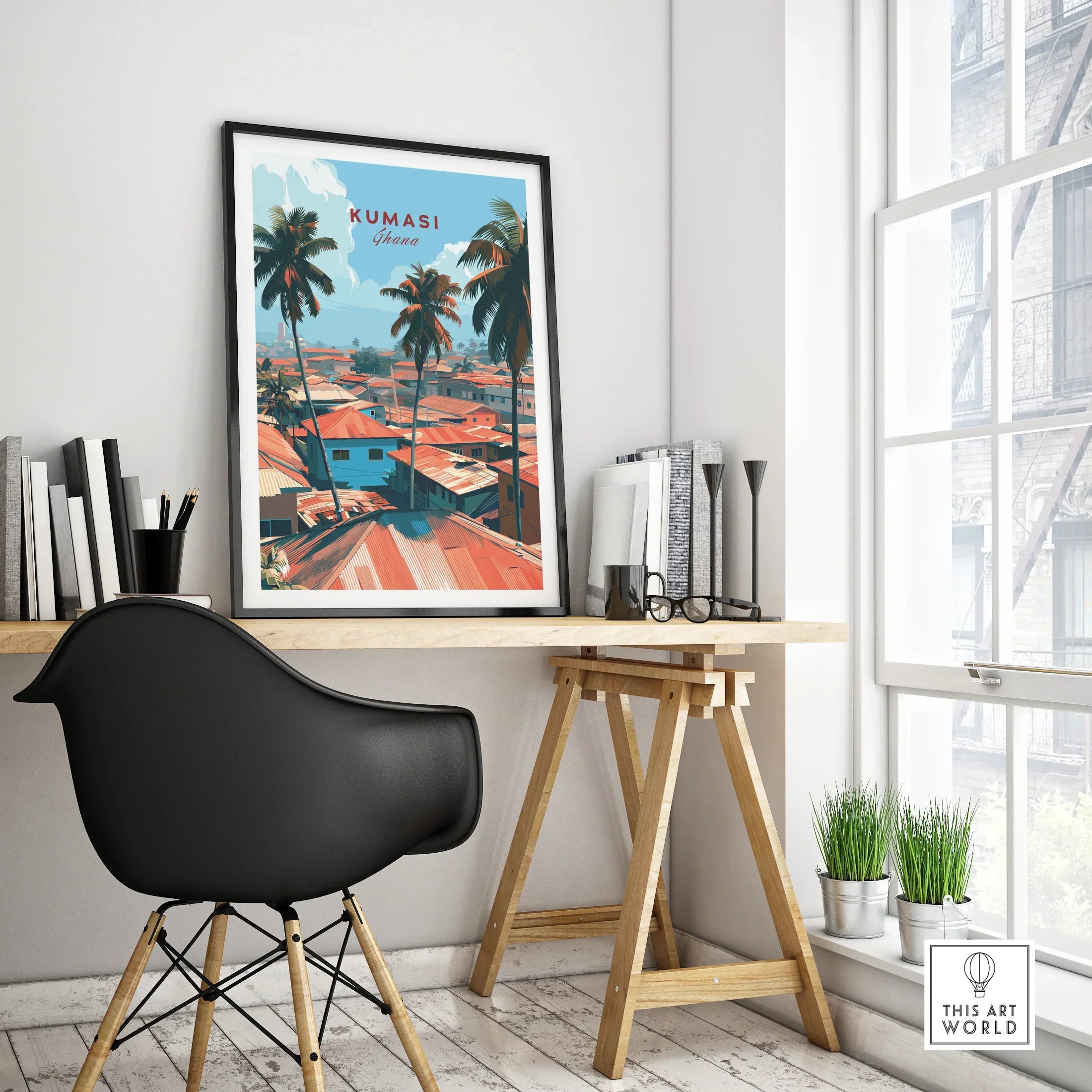 Kumasi Ghana Rooftops Travel Poster — framed poster black frame on office desk modern