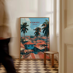 Kumasi Ghana Rooftops Travel Poster — framed canvas on floor man walking past