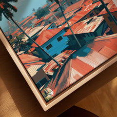Kumasi Ghana Rooftops Travel Poster — closeup framed canvas natural wood floating frame
