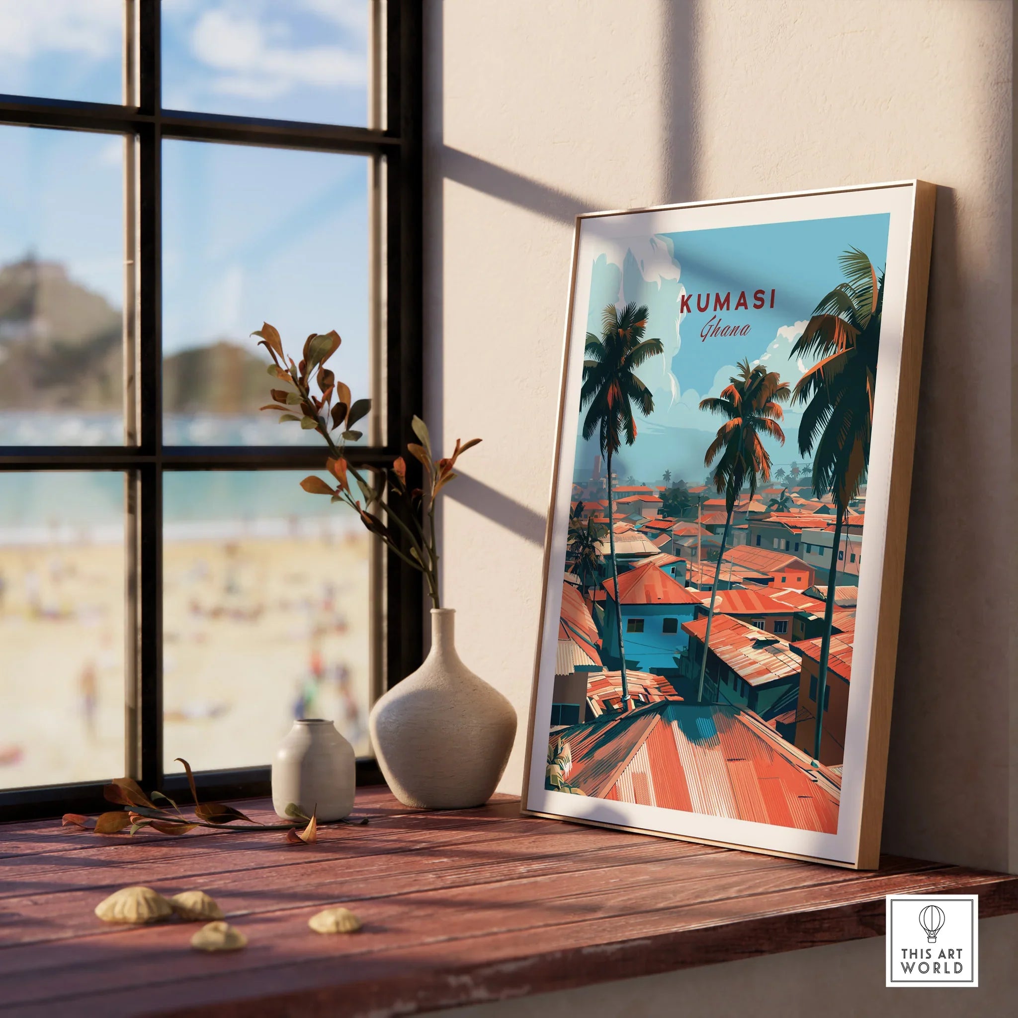 Kumasi Ghana Rooftops Travel Poster — framed print window view natural wood frame