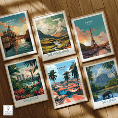 Kumasi Ghana Rooftops Travel Poster — set six framed art prints wooden floor natural wood frames