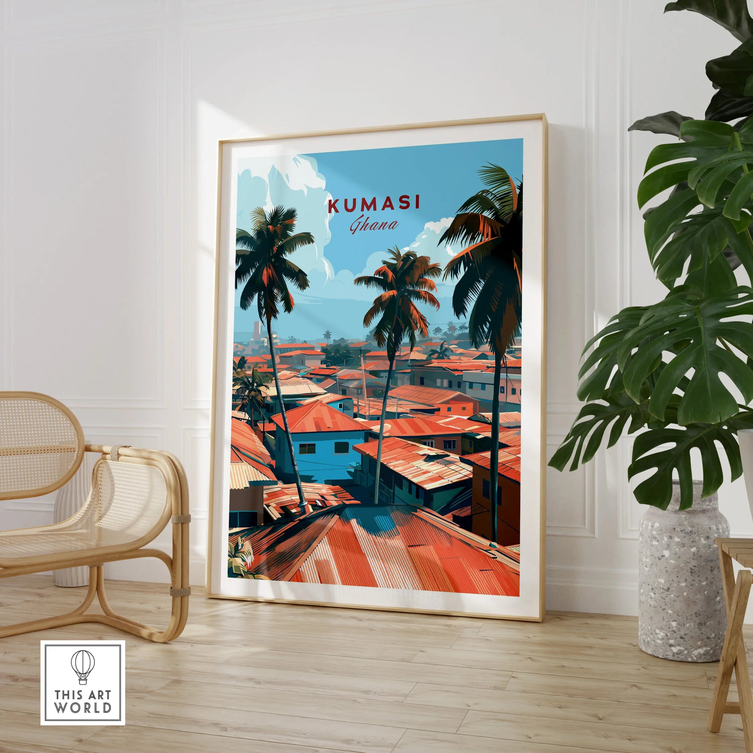 Kumasi Ghana Rooftops Travel Poster — large framed print room setting chair plant