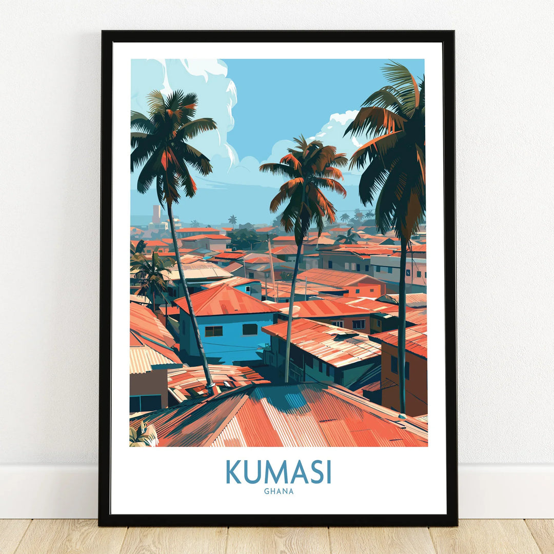 Kumasi Ghana Palm Rooftops Wall Art — art print in black frame on wooden floor