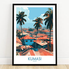 Kumasi Ghana Palm Rooftops Wall Art — art print in black frame on wooden floor
