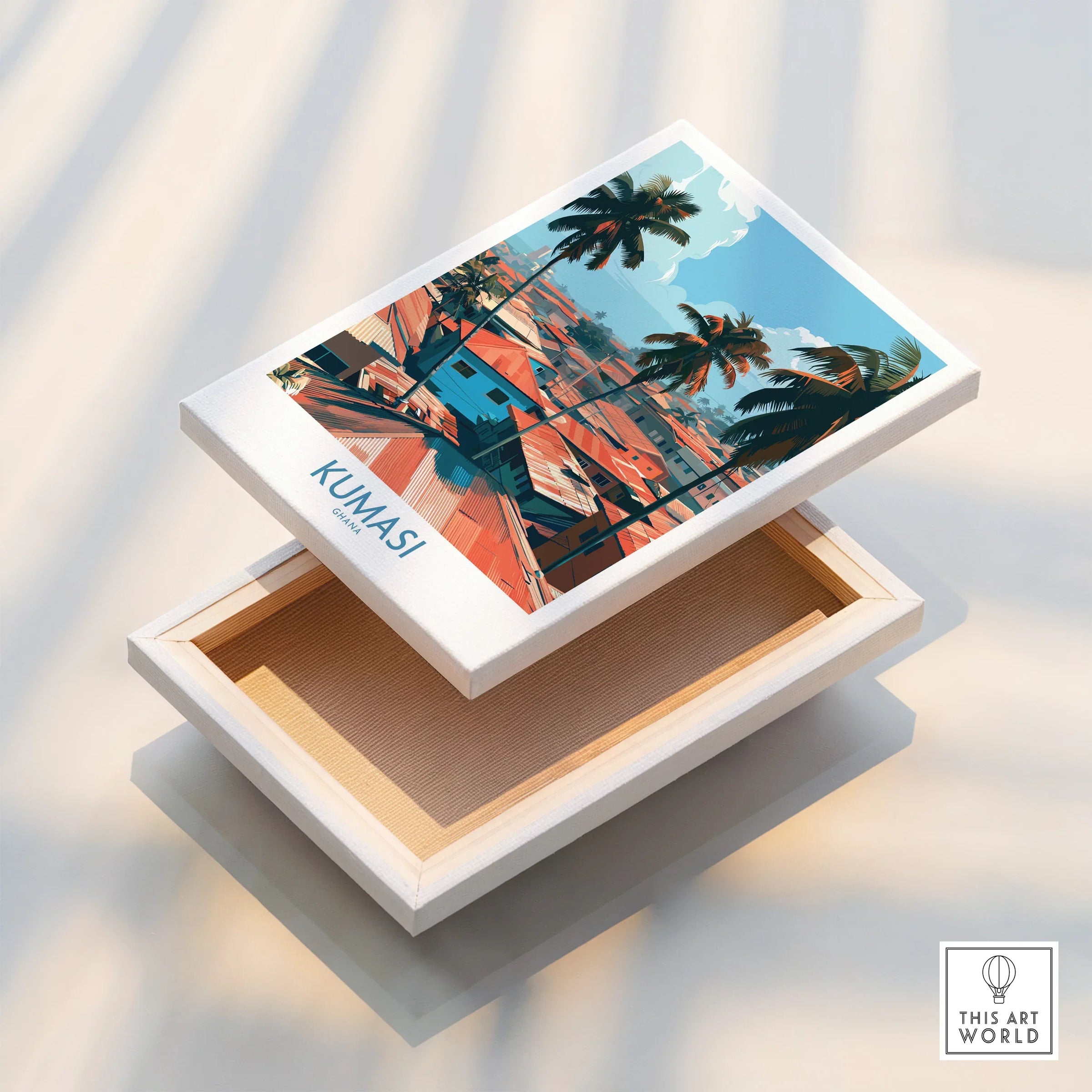 Kumasi Ghana Palm Rooftops Wall Art — stretched canvas print floating detail mirror edge