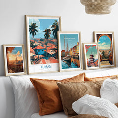 Kumasi Ghana Palm Rooftops Wall Art — set five framed artprints above bed natural wood frames