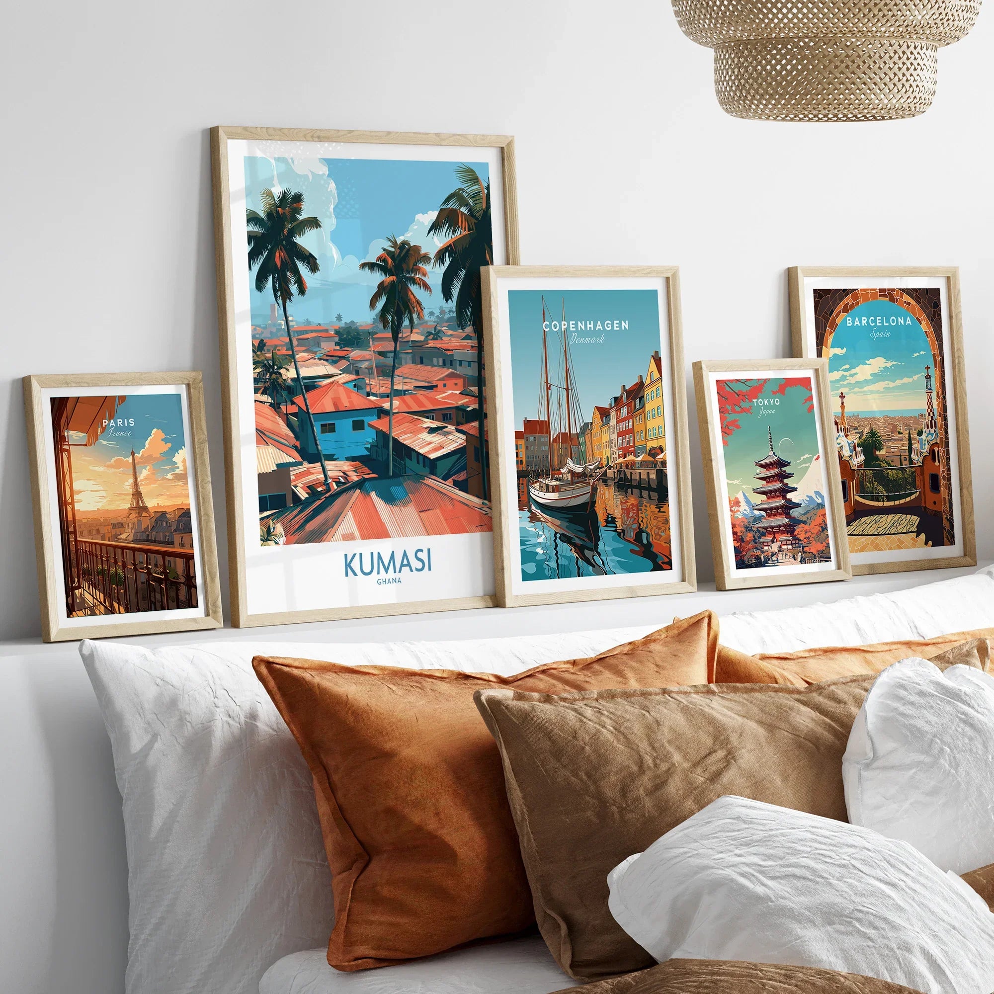 Kumasi Ghana Palm Rooftops Wall Art — set five framed artprints above bed natural wood frames