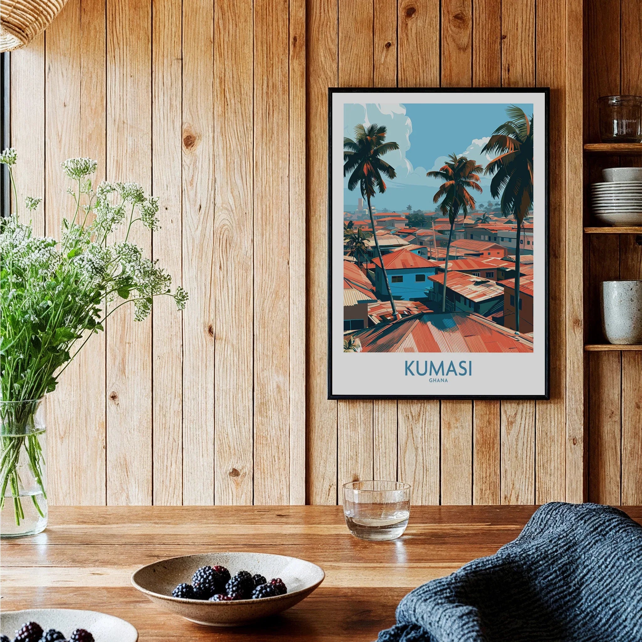 Kumasi Ghana Palm Rooftops Wall Art — black framed art print kitchen setting