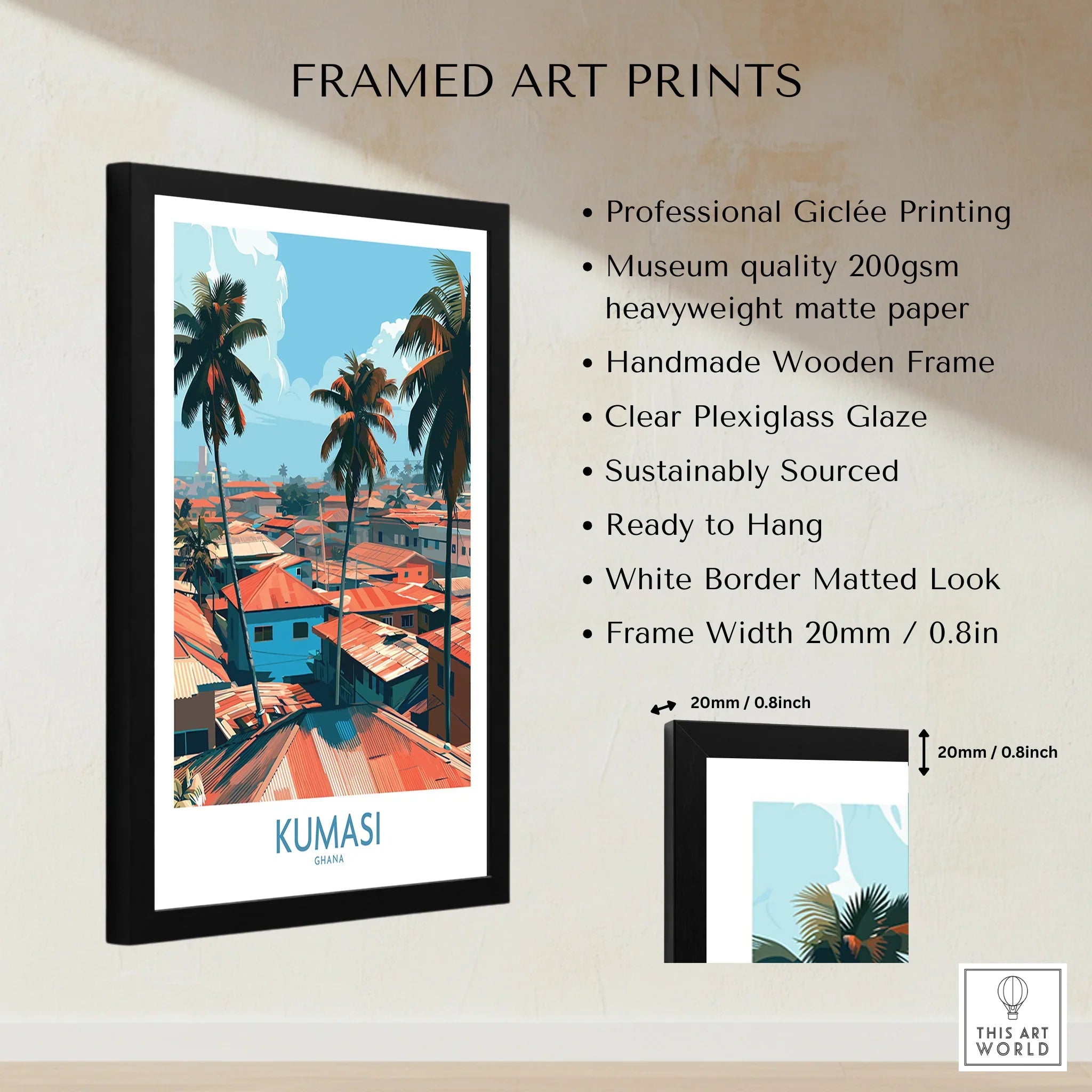 Kumasi Ghana Palm Rooftops Wall Art — framed print details measurements quality details