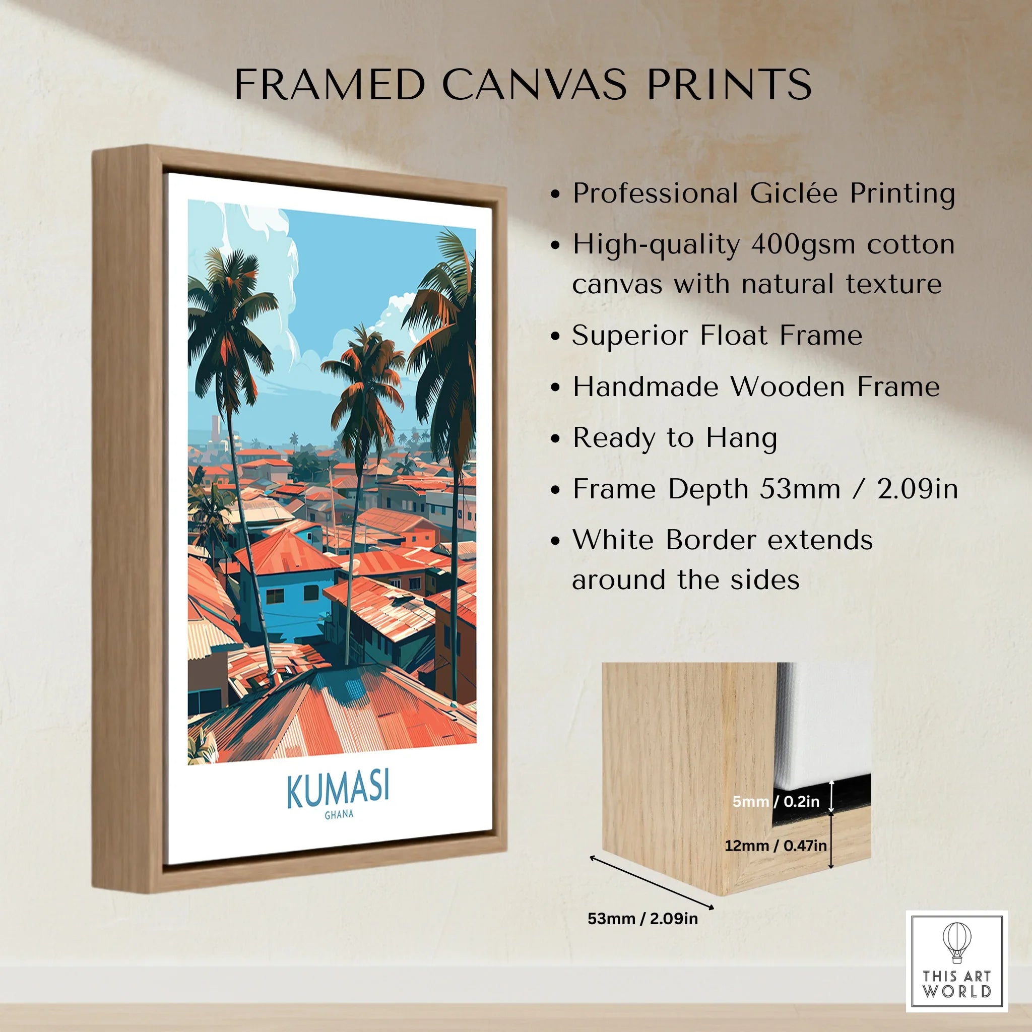 Kumasi Ghana Palm Rooftops Wall Art — framed canvas float frame details quality