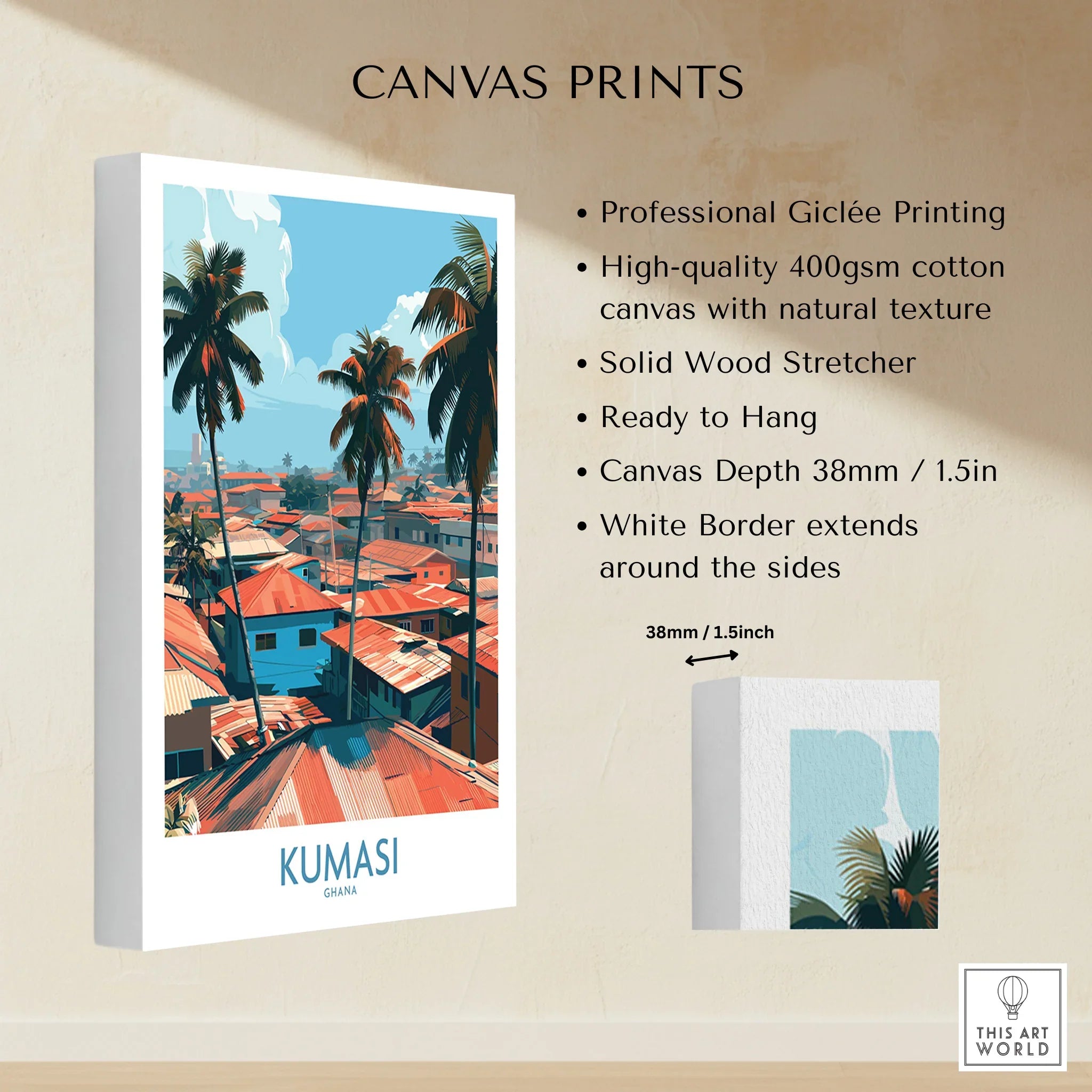 Kumasi Ghana Palm Rooftops Wall Art — canvas print stretched cotton canvas details