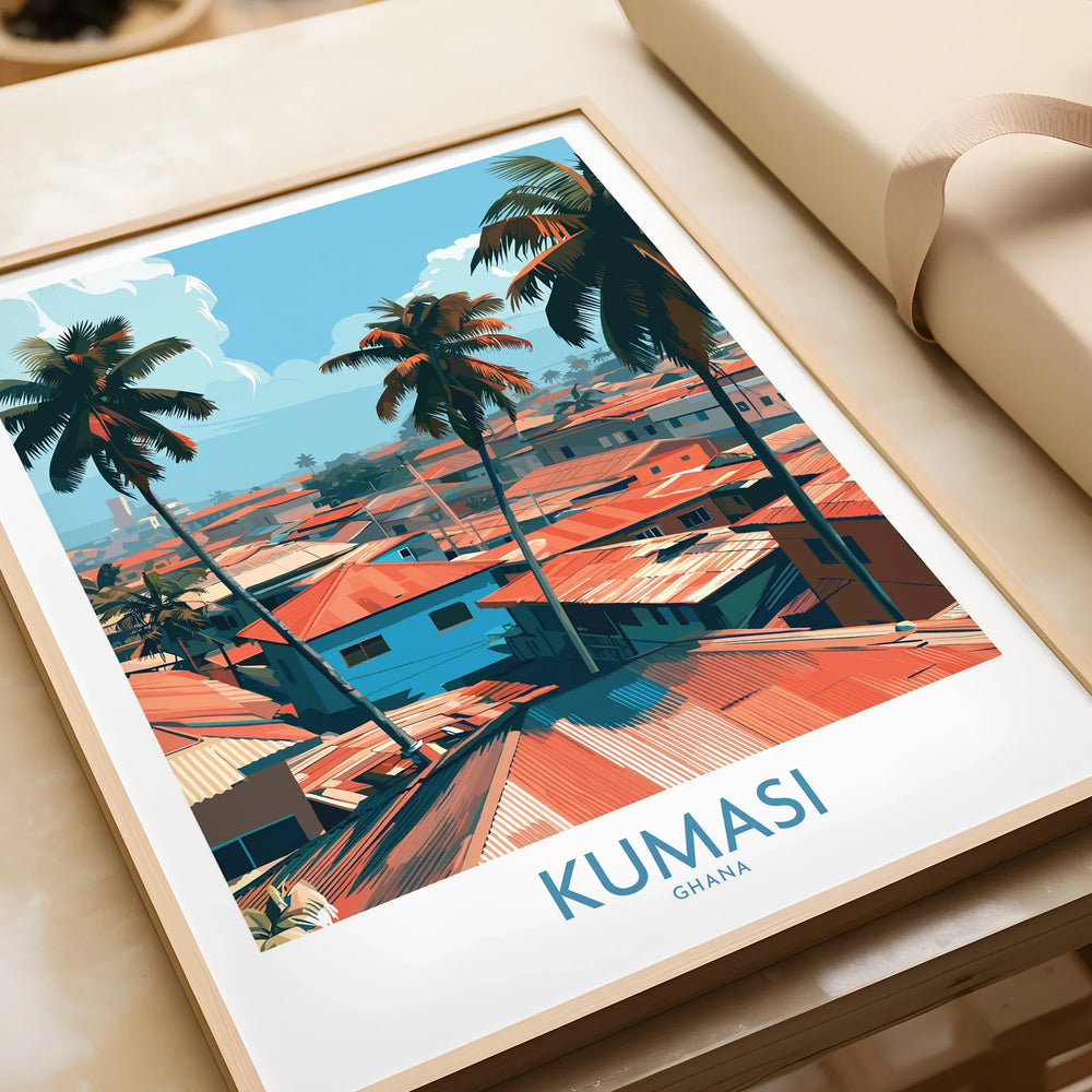 Kumasi Ghana Palm Rooftops Wall Art — framed art print closeup gift unwrapped natural frame