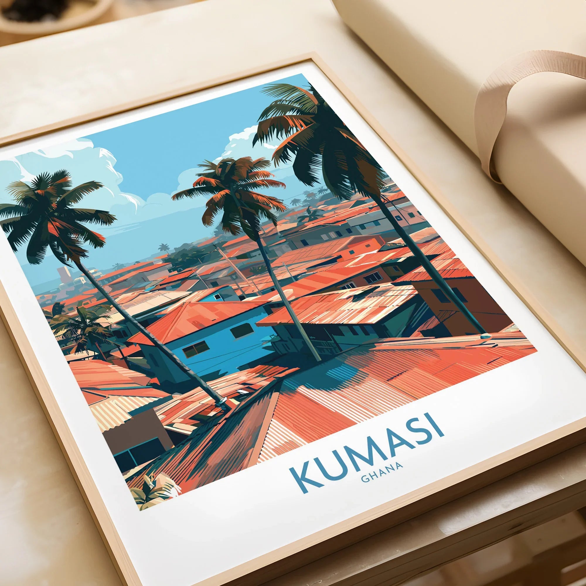 Kumasi Ghana Palm Rooftops Wall Art — framed art print closeup gift unwrapped natural frame