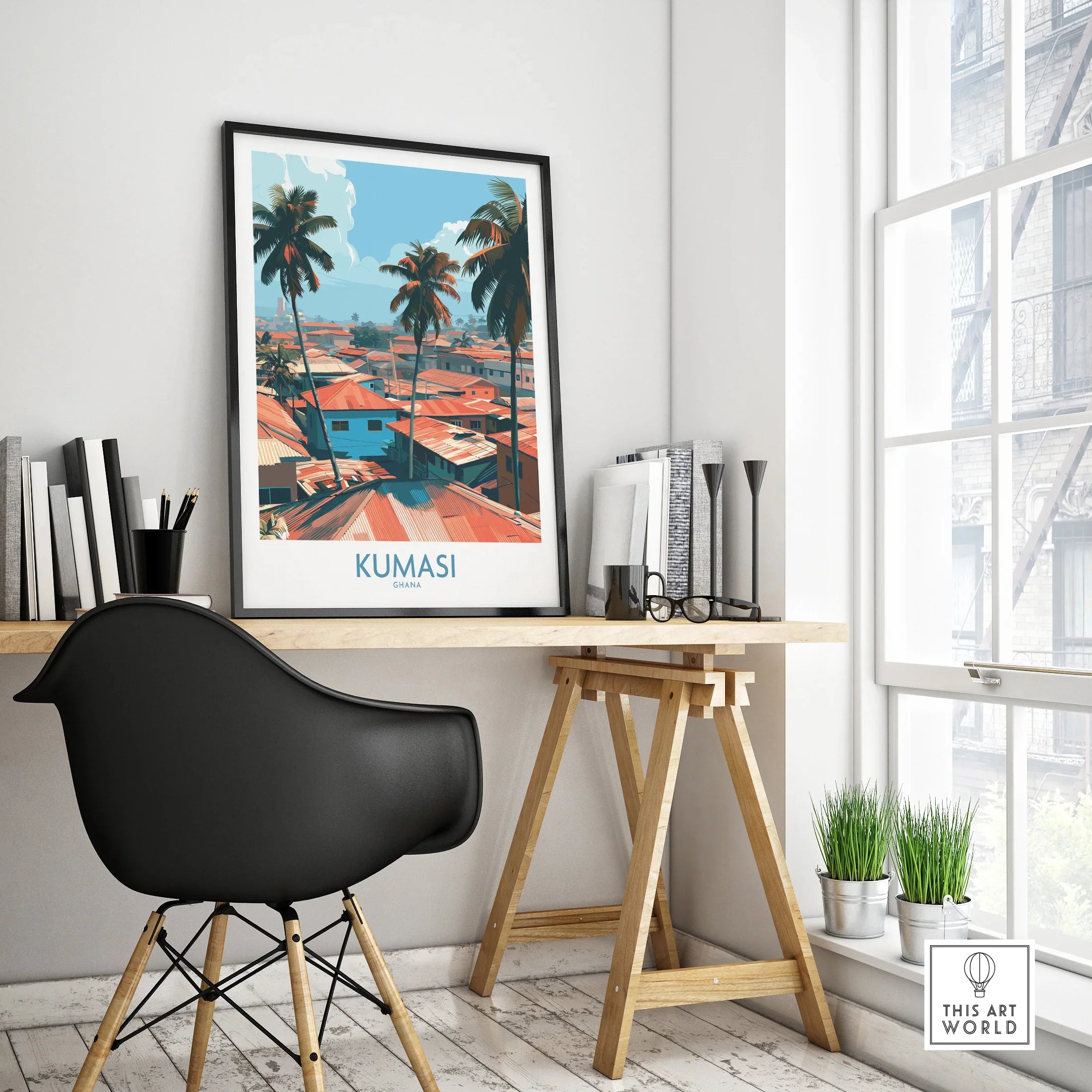 Kumasi Ghana Palm Rooftops Wall Art — framed poster black frame on office desk modern