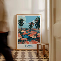 Kumasi Ghana Palm Rooftops Wall Art — framed canvas on floor man walking past