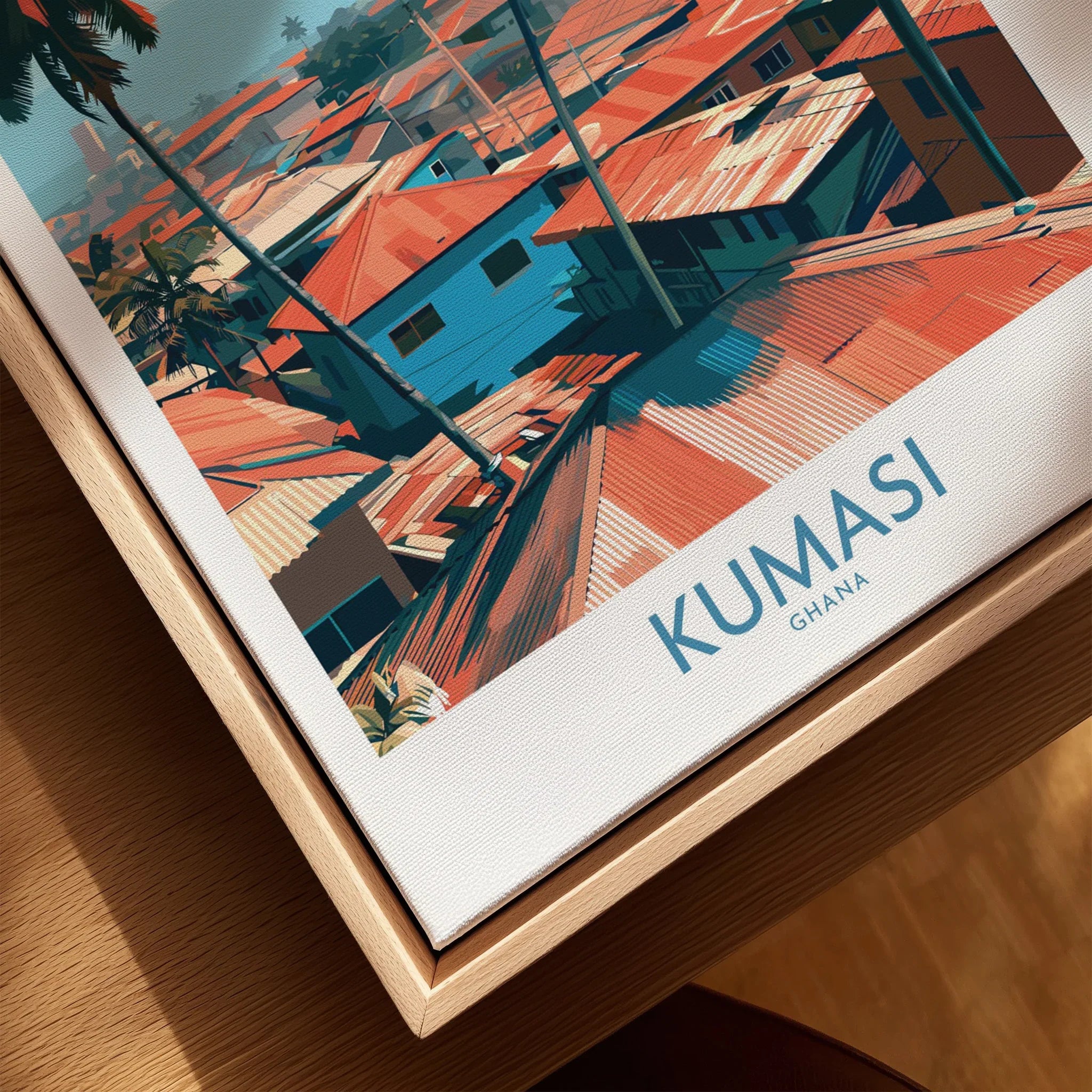 Kumasi Ghana Palm Rooftops Wall Art — closeup framed canvas natural wood floating frame