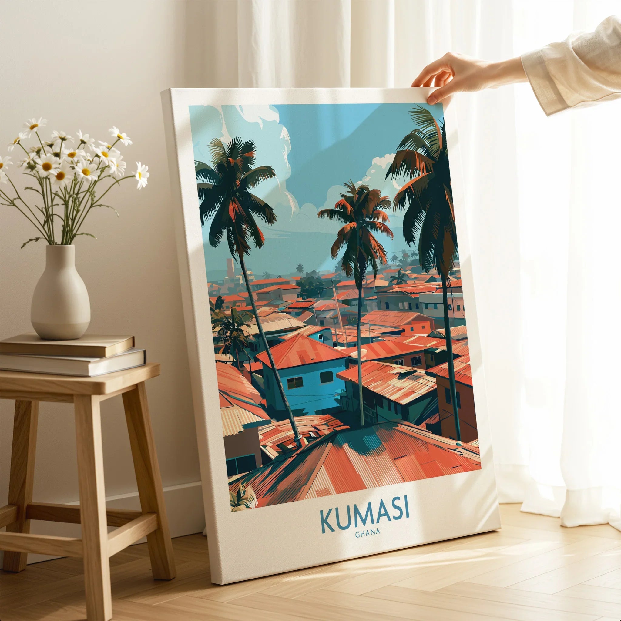 Kumasi Ghana Palm Rooftops Wall Art — canvas print mirror edge hand holding room setting