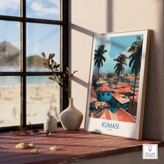 Kumasi Ghana Palm Rooftops Wall Art — framed print window view natural wood frame