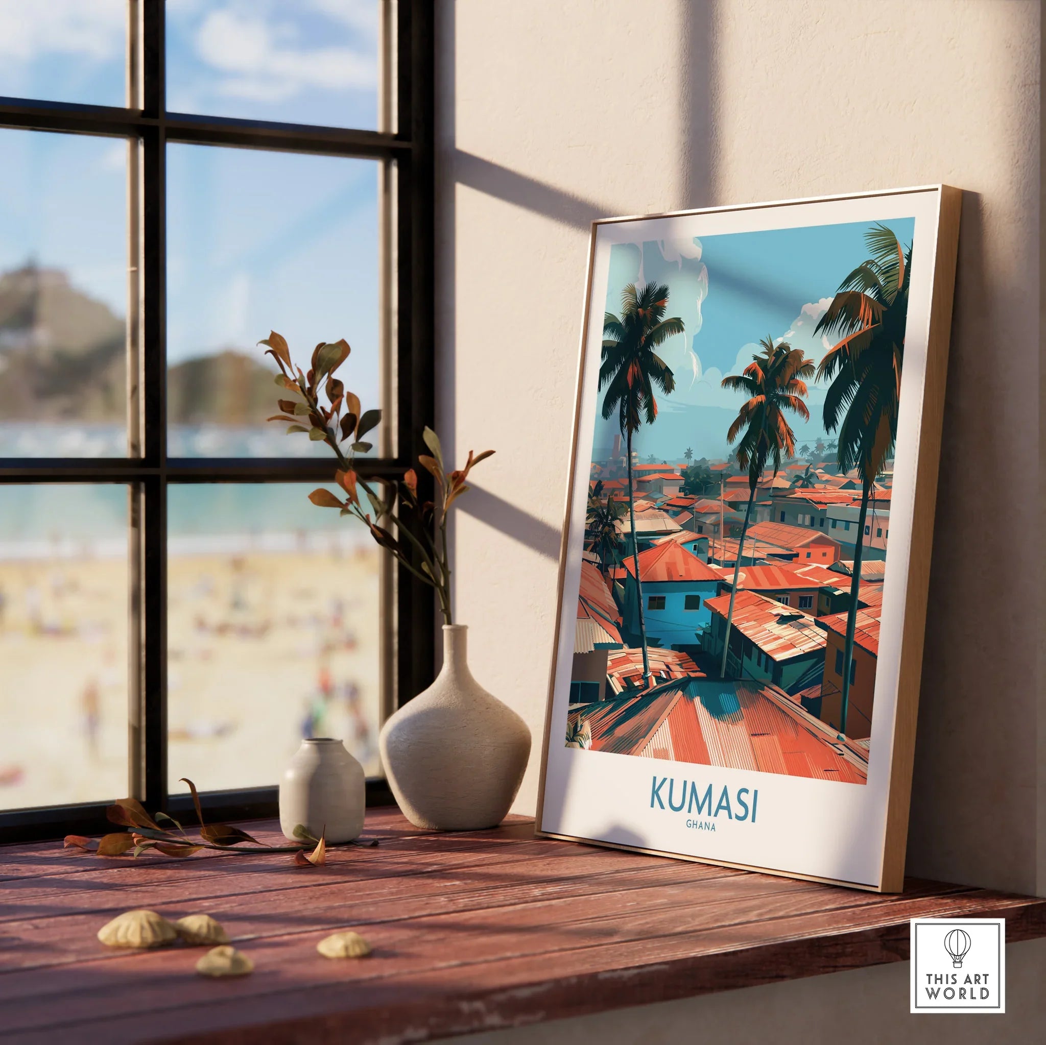Kumasi Ghana Palm Rooftops Wall Art — framed print window view natural wood frame