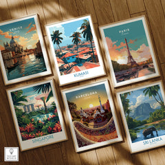 Kumasi Ghana Palm Rooftops Wall Art — set six framed art prints wooden floor natural wood frames