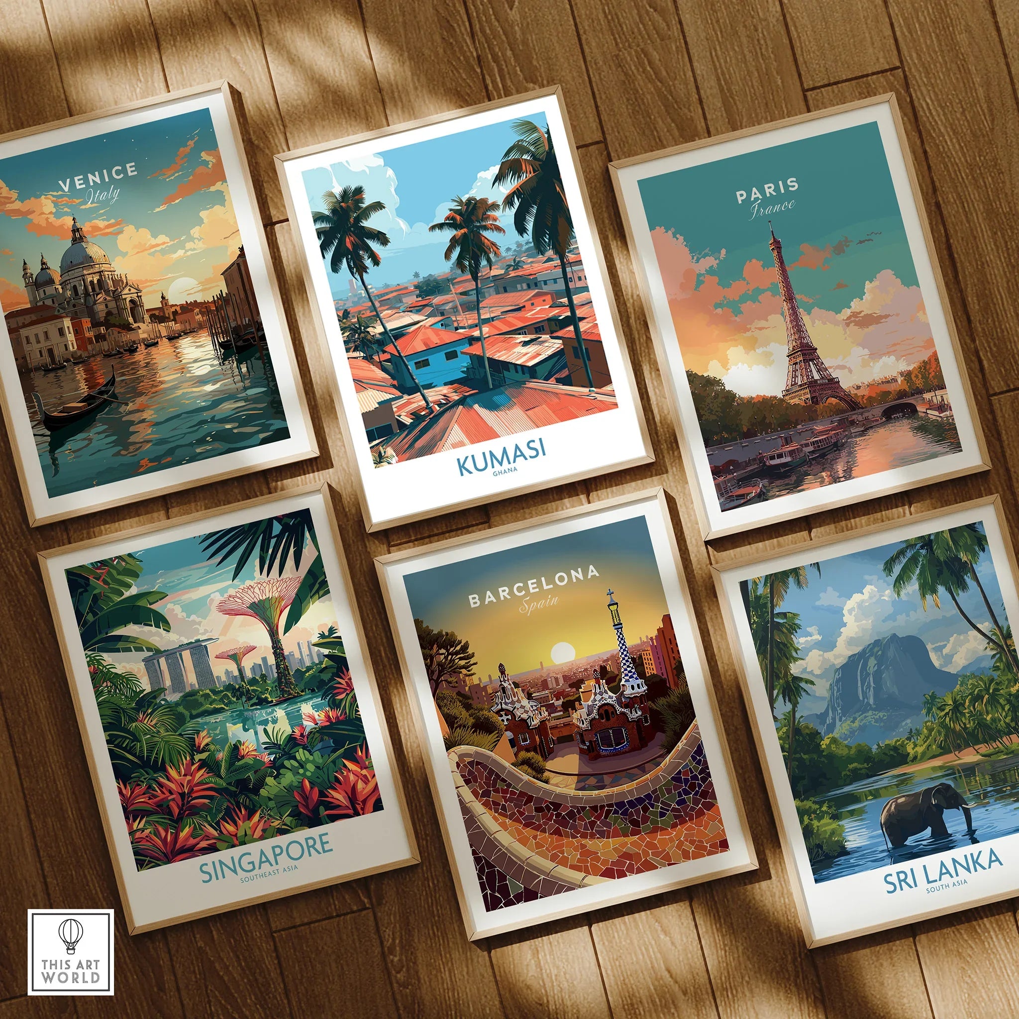 Kumasi Ghana Palm Rooftops Wall Art — set six framed art prints wooden floor natural wood frames