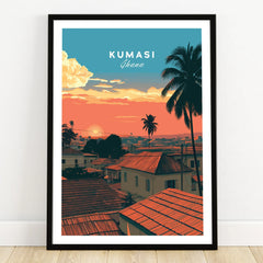 Kumasi Ghana Sunset Travel Poster — art print in black frame on wooden floor