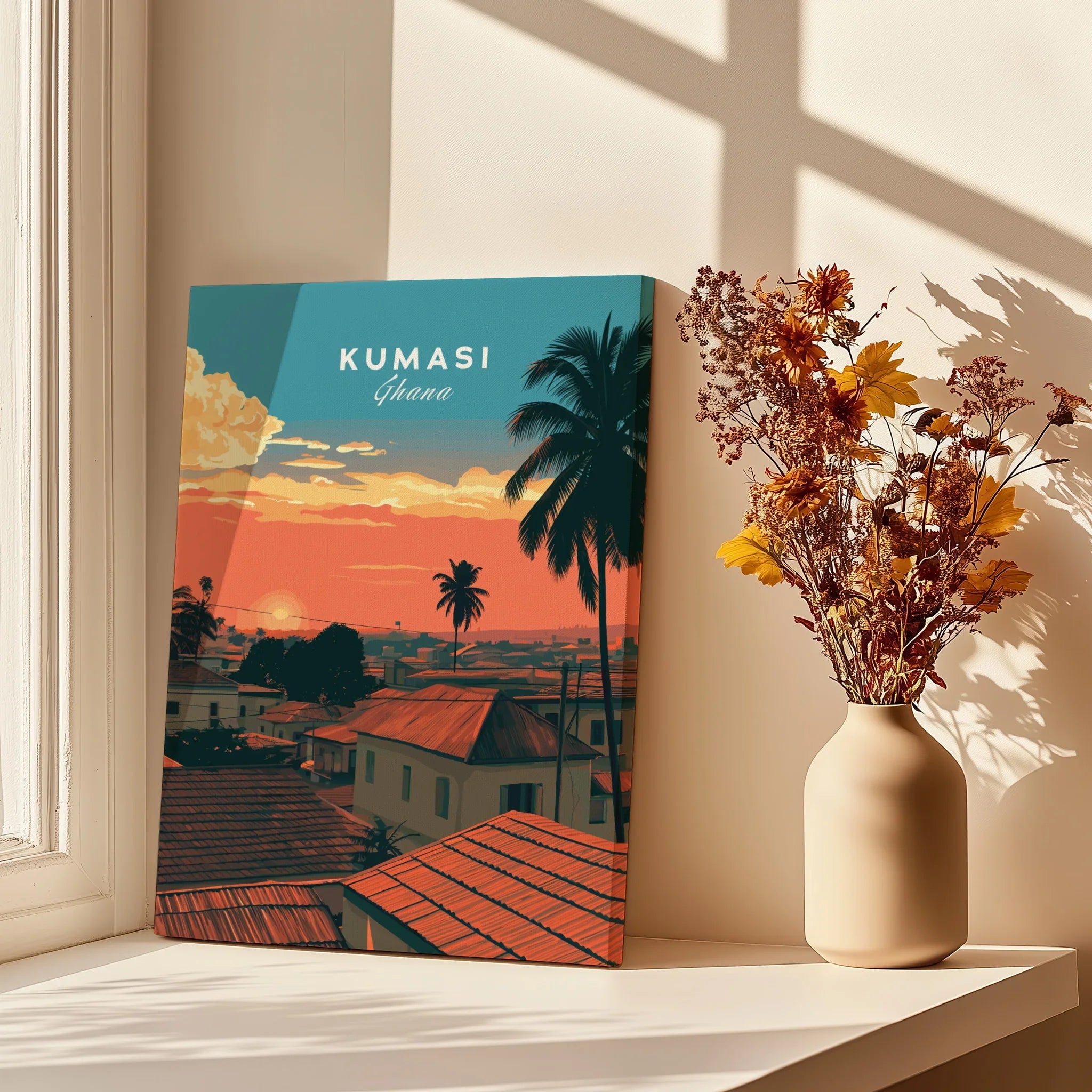 Kumasi Ghana Sunset Travel Poster — canvas print window setting with shadows flowers