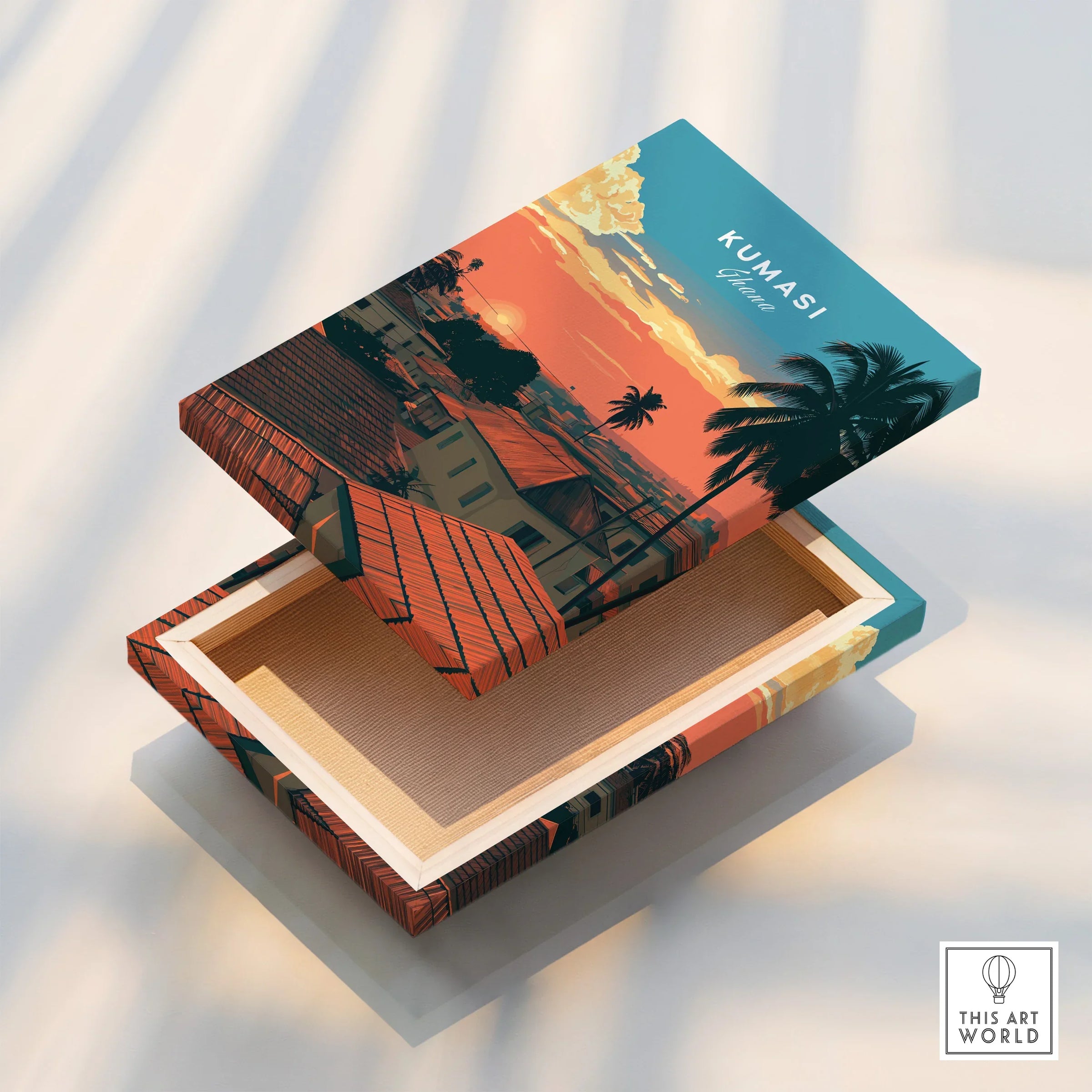 Kumasi Ghana Sunset Travel Poster — stretched canvas print floating detail mirror edge